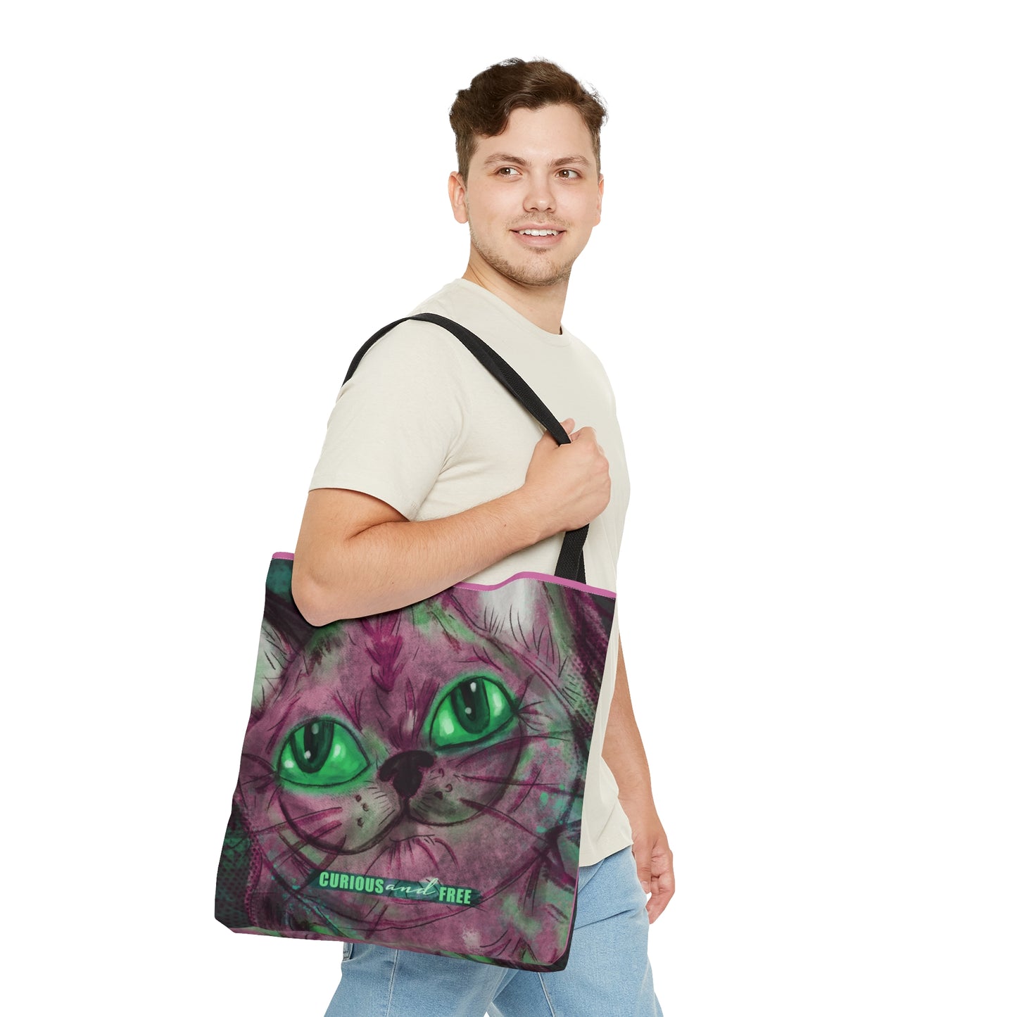 Curious Pink Cat Tote Bag