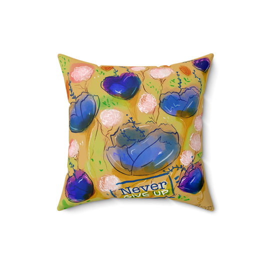 Never Give Up Orange and Blue Floral Pillow