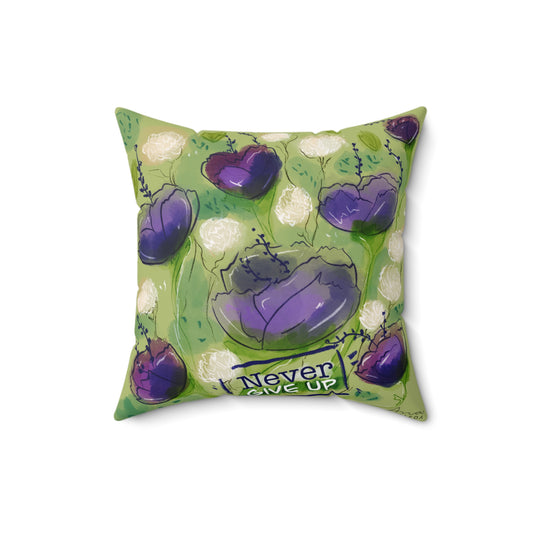 Never Give Up Green and Purple Floral Pillow