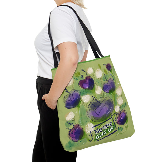 Never Give Up Green Flowers Tote Bag