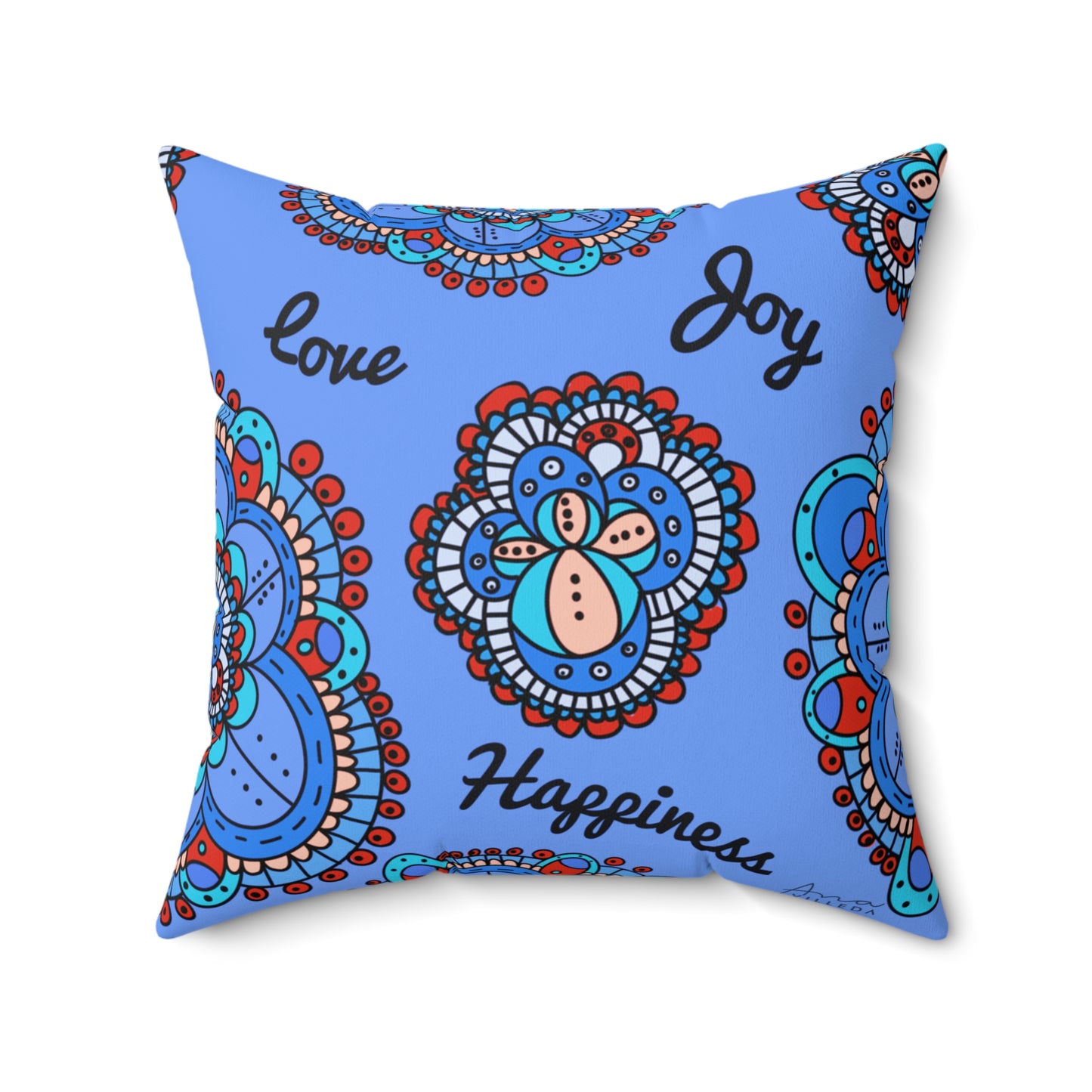 Mandala Blue Pillow Positive Words